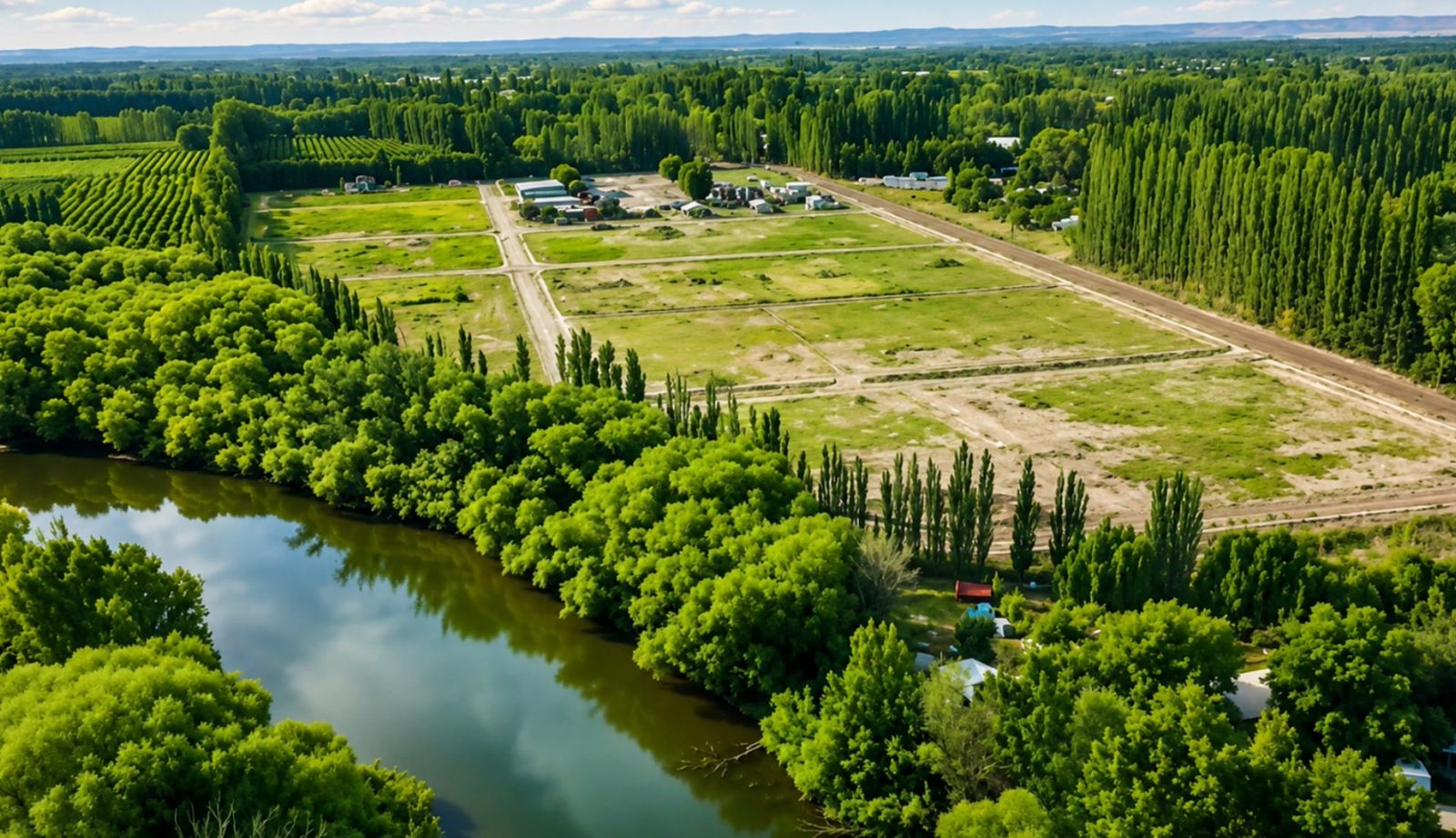 Vista aérea de Jardín del Este junto al río, límite de Plottier y Neuquén