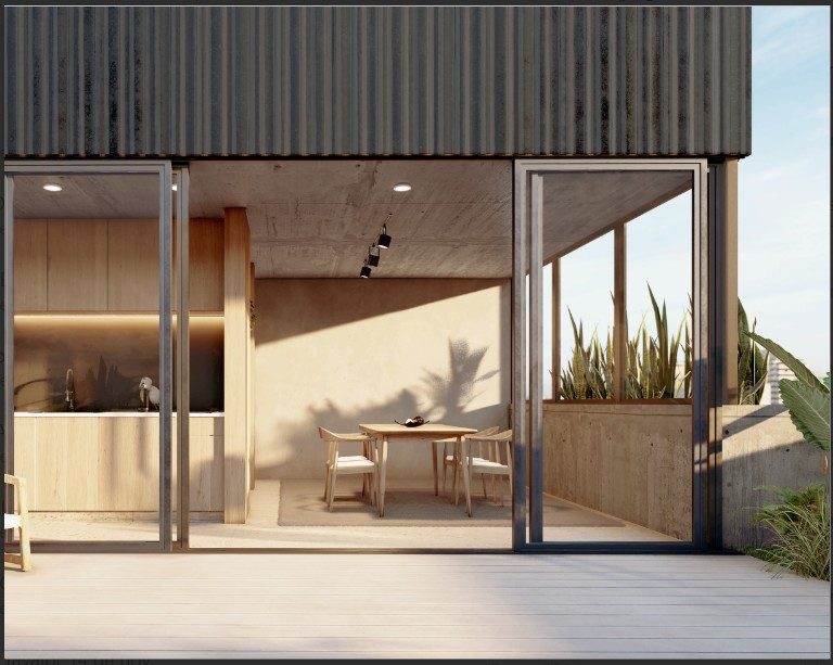 Render de balcón con vista a la cocina