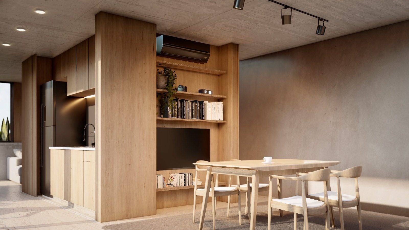 Render de cocina y comedor de una unidad