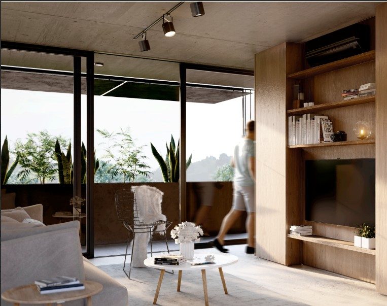 Render de living con salida al balcón