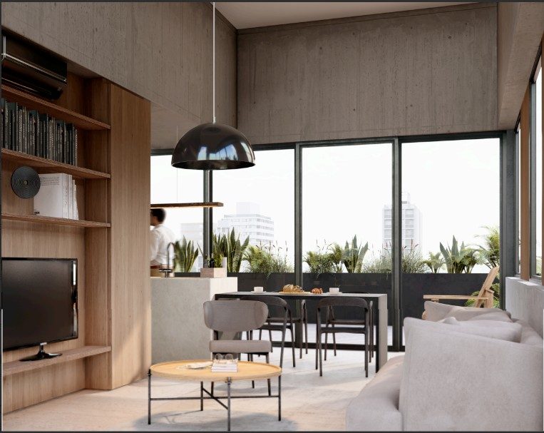 Render de living comedor con ventanal