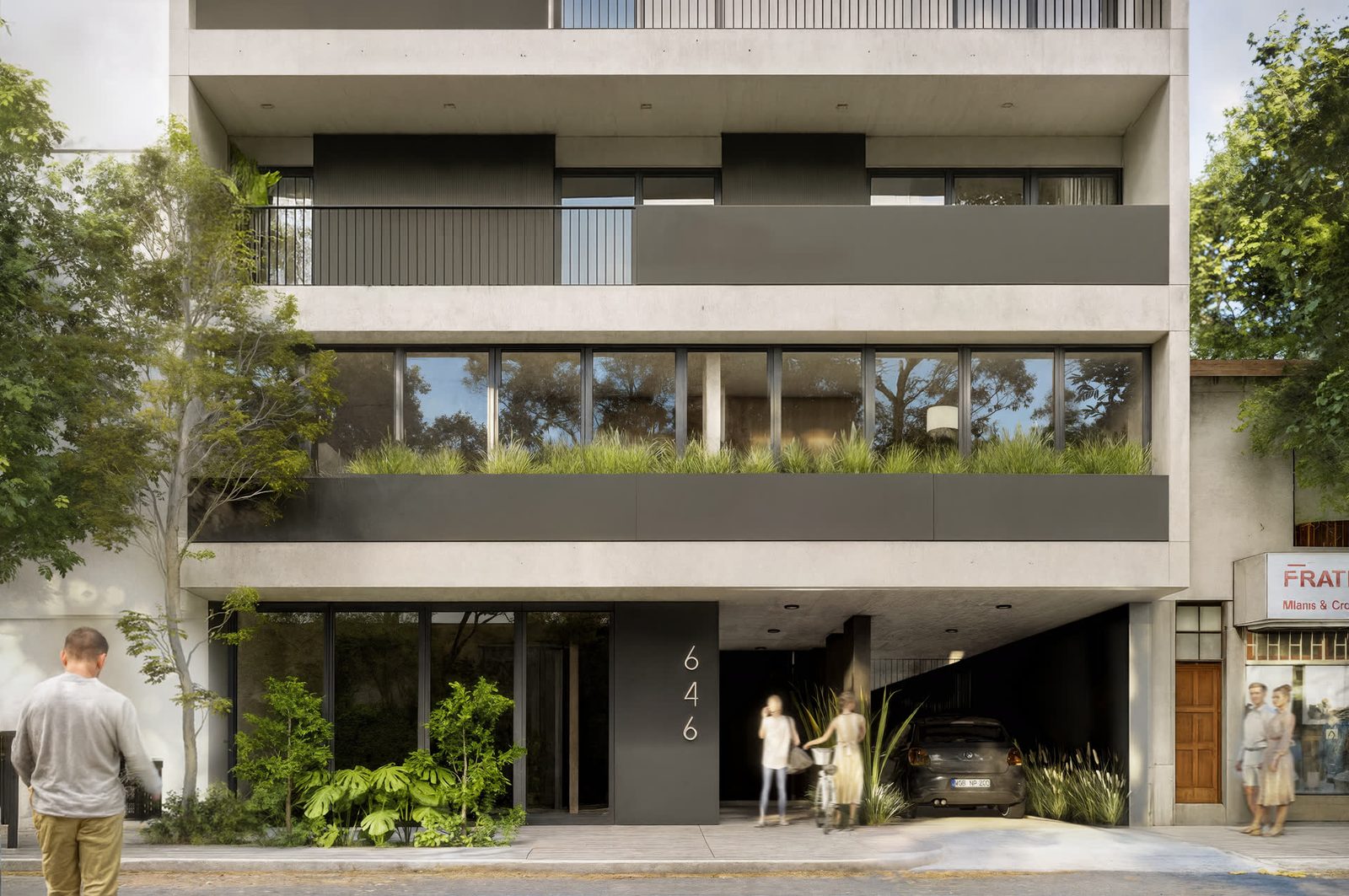 Render de la planta baja y el acceso del Edificio L3