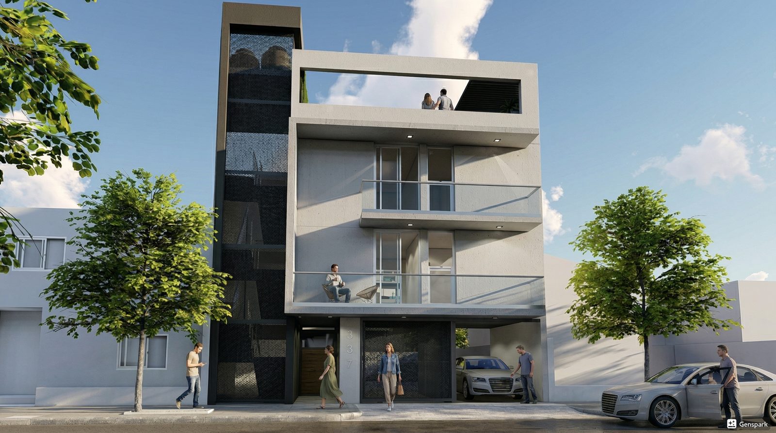 Render de la fachada con el acceso